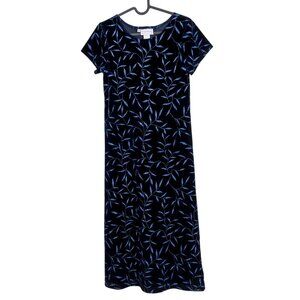 Velvet VTG Maxi Dress 6P 6 Petite 90s Navy Blue Glitter Leaves Modest Y2K